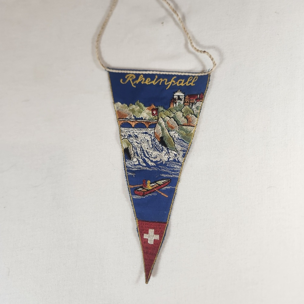 Vintage‎ mini Rheinfall Switzerland Embroidered Souvenir Pennant Blue Rhine